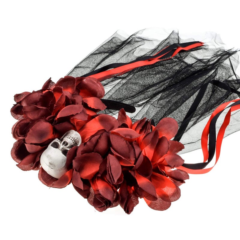 Vividsun Day of The Dead Headband Costume Rose Mexican Flower Headband (E-skull/Burgundy) - Image 3